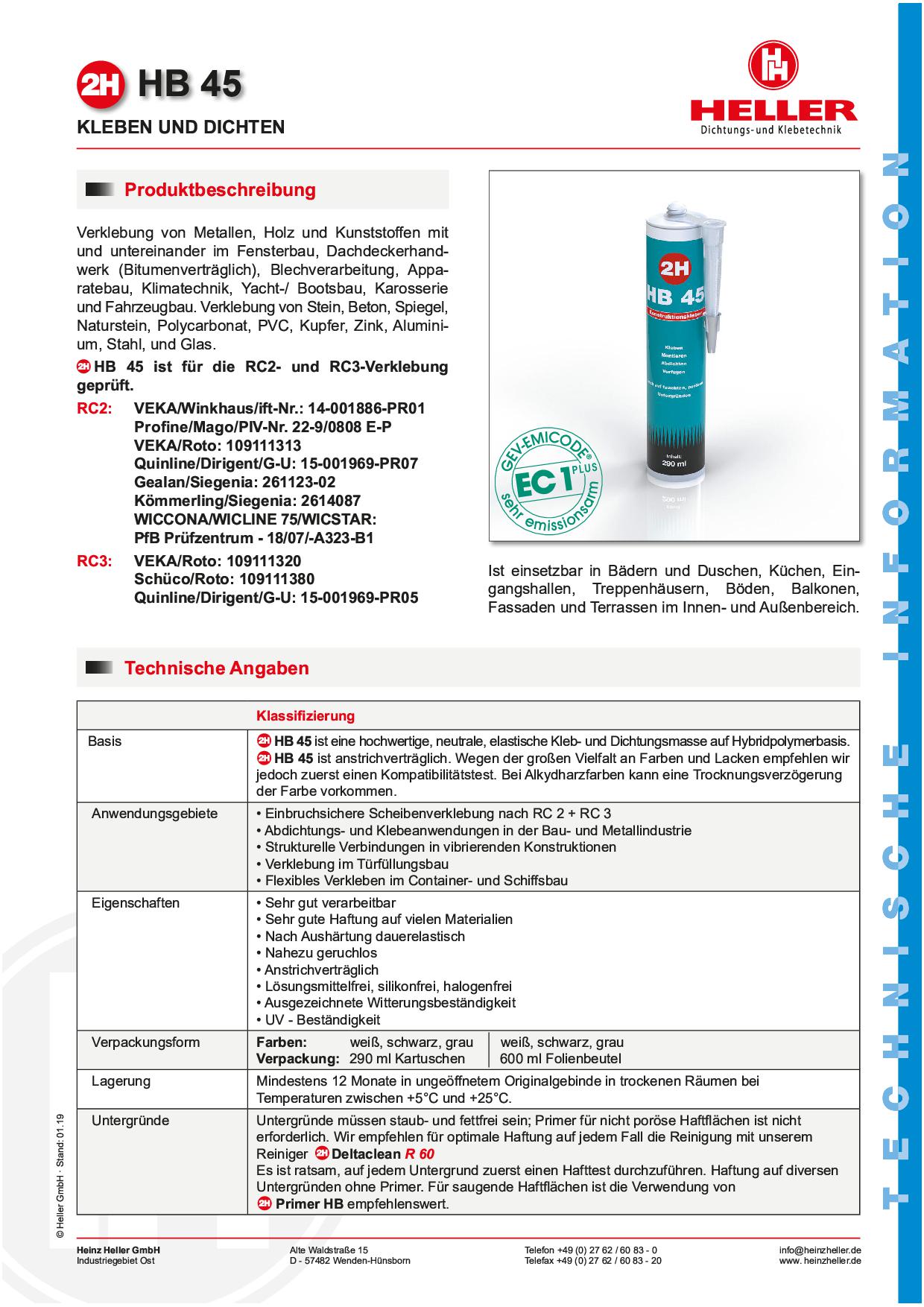 Produktdatenblatt-2H-HB-45-Konstruktionskleber Montagekleber 2H HB 45 HB45 Konstruktionskleber schwarz, transparent oder weiß - Kartusche á 290 ml