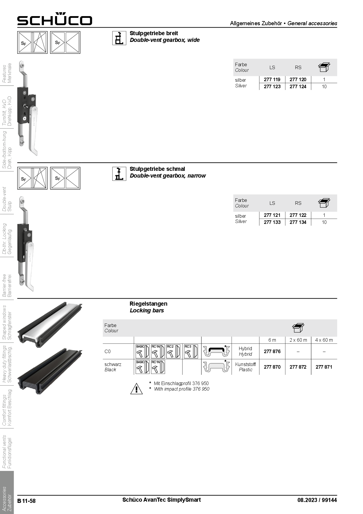 Schüco 277870 / 277871 / 277872 Riegelstange Kunststoff AvanTec SimplySmart, 1100 mm ohne Bohrungen Schüco 277870 / 277871 / 277872 Riegelstange Kunststoff AvanTec SimplySmart, 1100 mm ohne Bohrungen