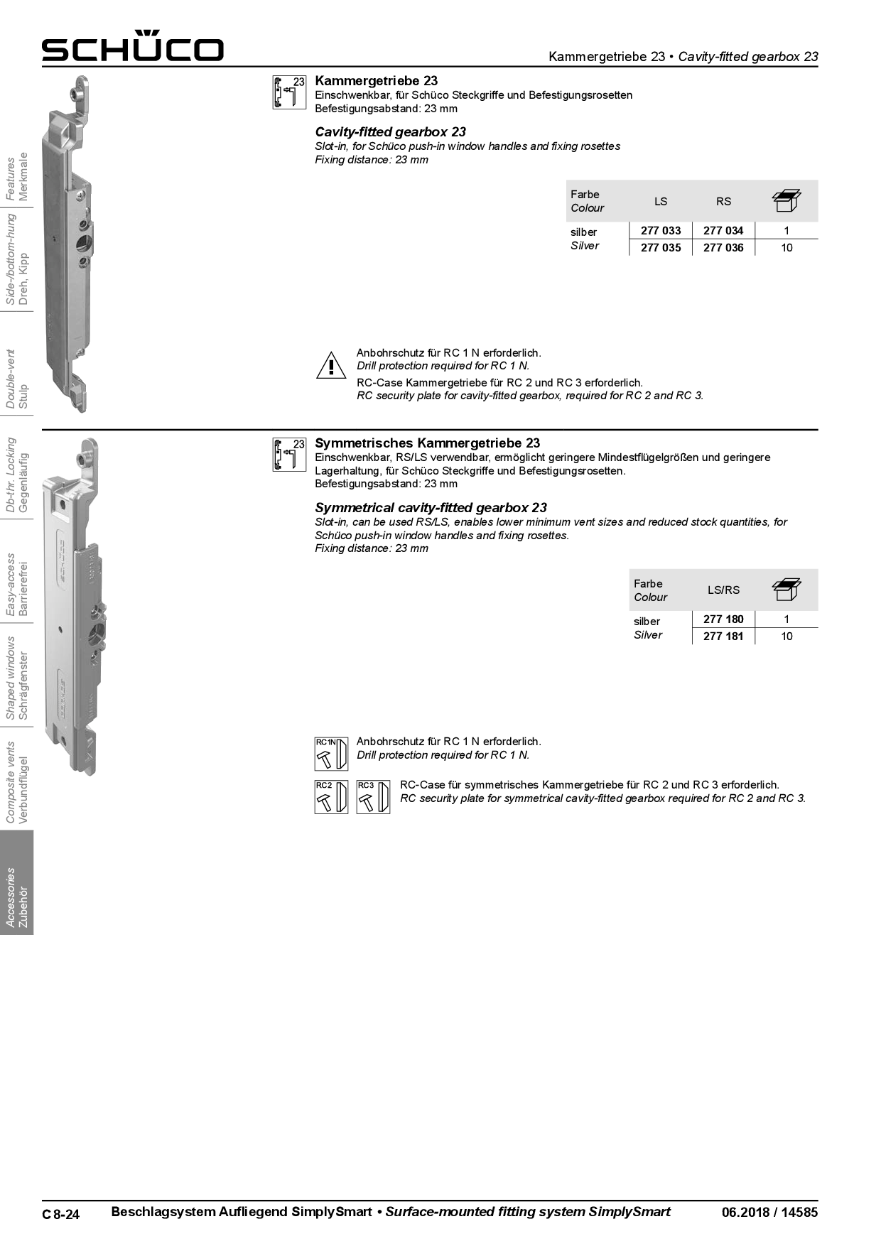 Schüco 277034 / 277036 Kammergetriebe 23 mm AvanTec SimplySmart, asymmetrisch, DIN rechts