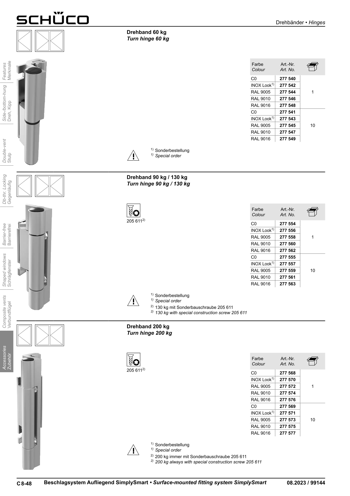 Schüco 277540 / 277541 Drehband 60 kg AvanTec SimplySmart, C0 silber Schüco 277540 / 277541 Drehband 60 kg AvanTec SimplySmart, C0 silber