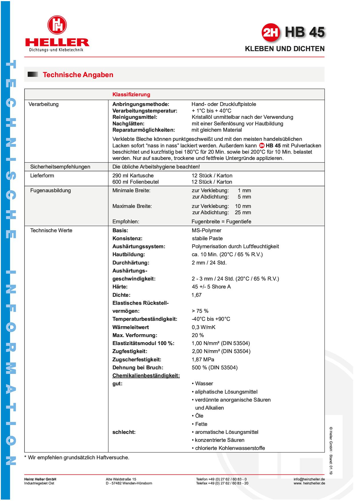 Produktdatenblatt-2H-HB-45-Konstruktionskleber-2 Montagekleber 2H HB 45 HB45 Konstruktionskleber schwarz, transparent oder weiß - Kartusche á 290 ml