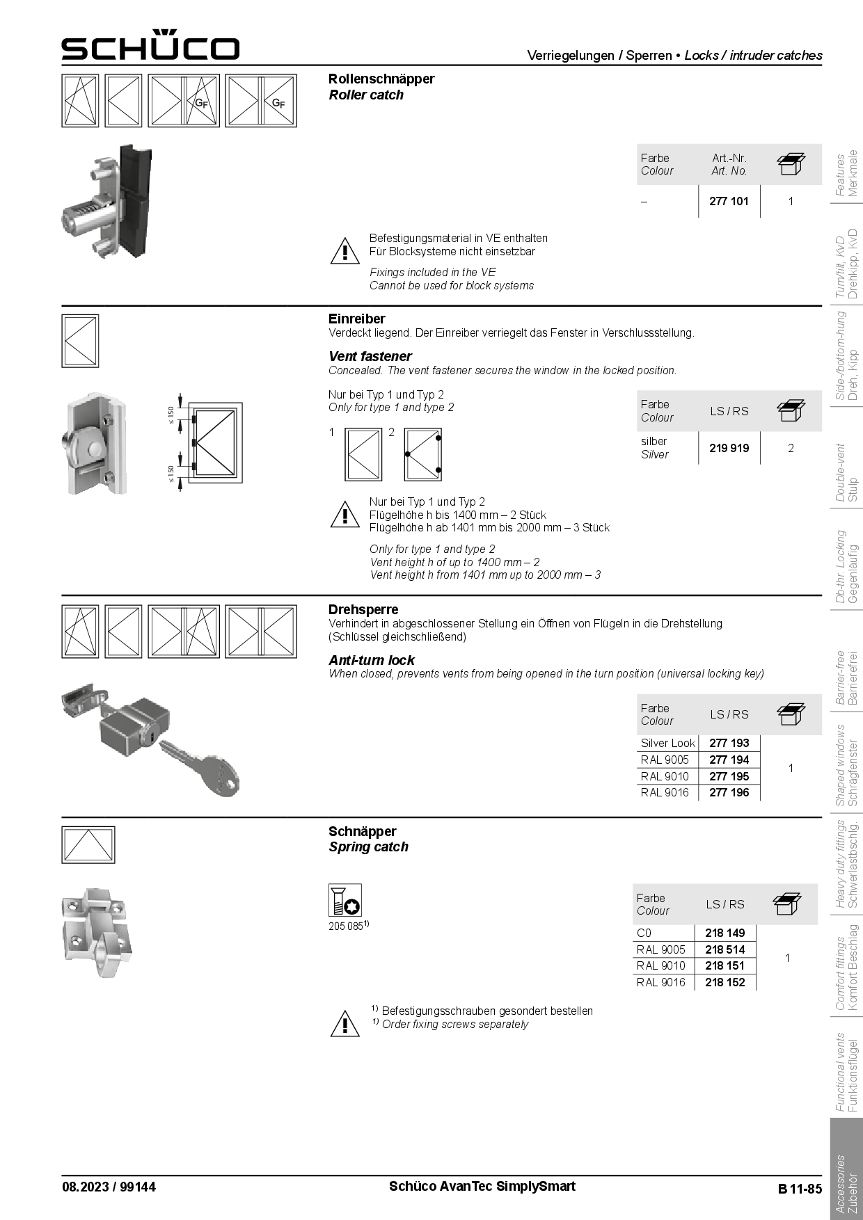 Schüco 277193 Drehsperre AvanTec SimplySmart, C0 silber (Vorgängerartikel 243193) Schüco 277193 Drehsperre AvanTec SimplySmart, C0 silber (Vorgängerartikel 243193)