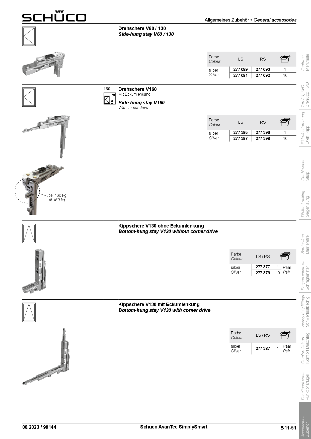 Schüco 277090 / 277092 Drehschere 130 kg AvanTec SimplySmart, DIN rechts