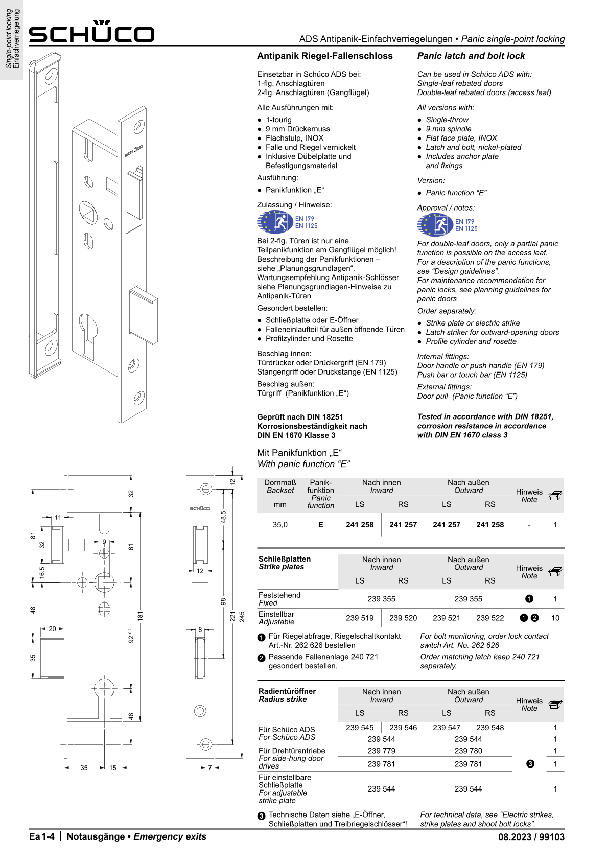 Schüco 241257 Antipanik Riegel-Fallenschloss, Funktion E Schüco 241257 Antipanik Riegel-Fallenschloss, Funktion E