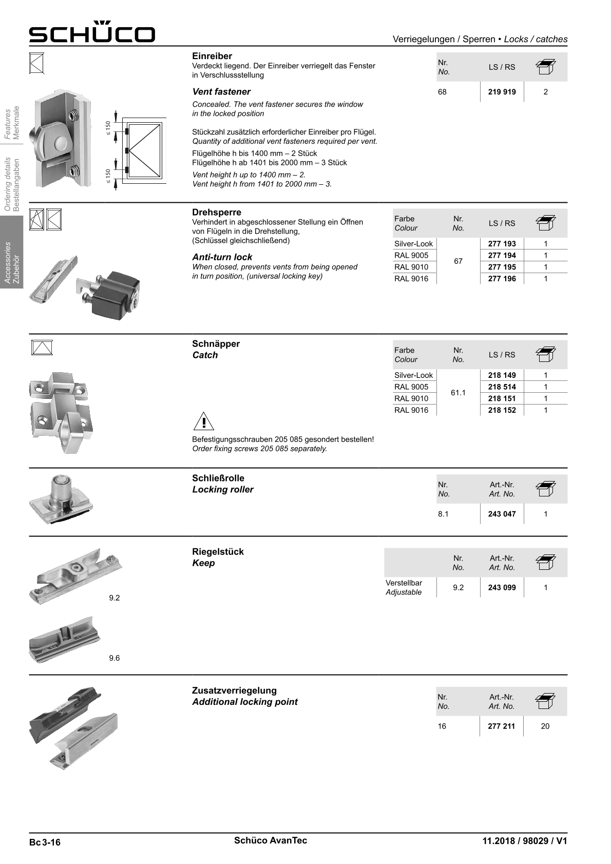 Schüco 243047 / 243048 Schließrolle AvanTec (Vorgängerartikel 223284 / 223274 + 218039)