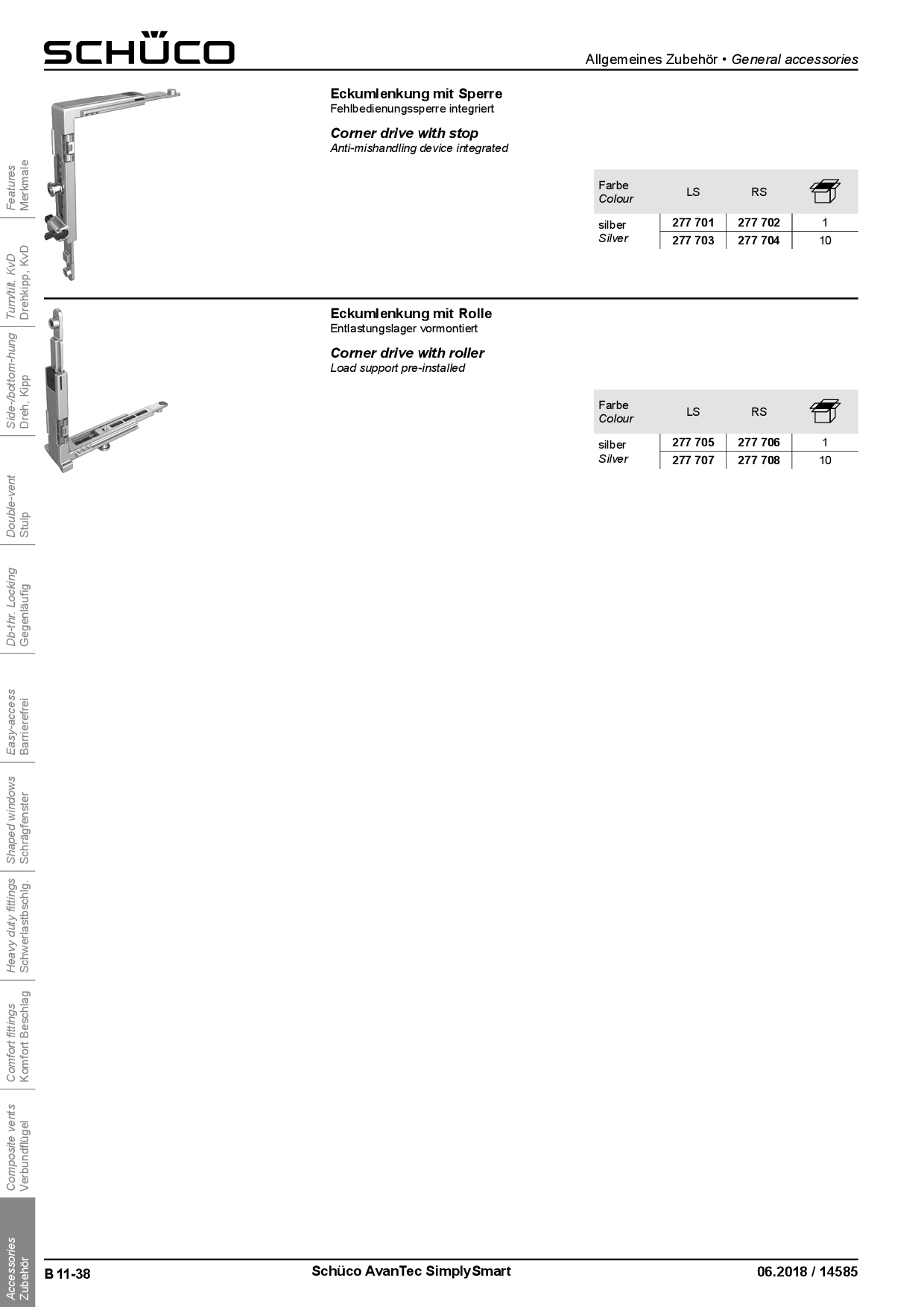 Schüco 277701 / 277703 Eckumlenkung mit Fehlbedienungssperre AvanTec SimplySmart, DIN links