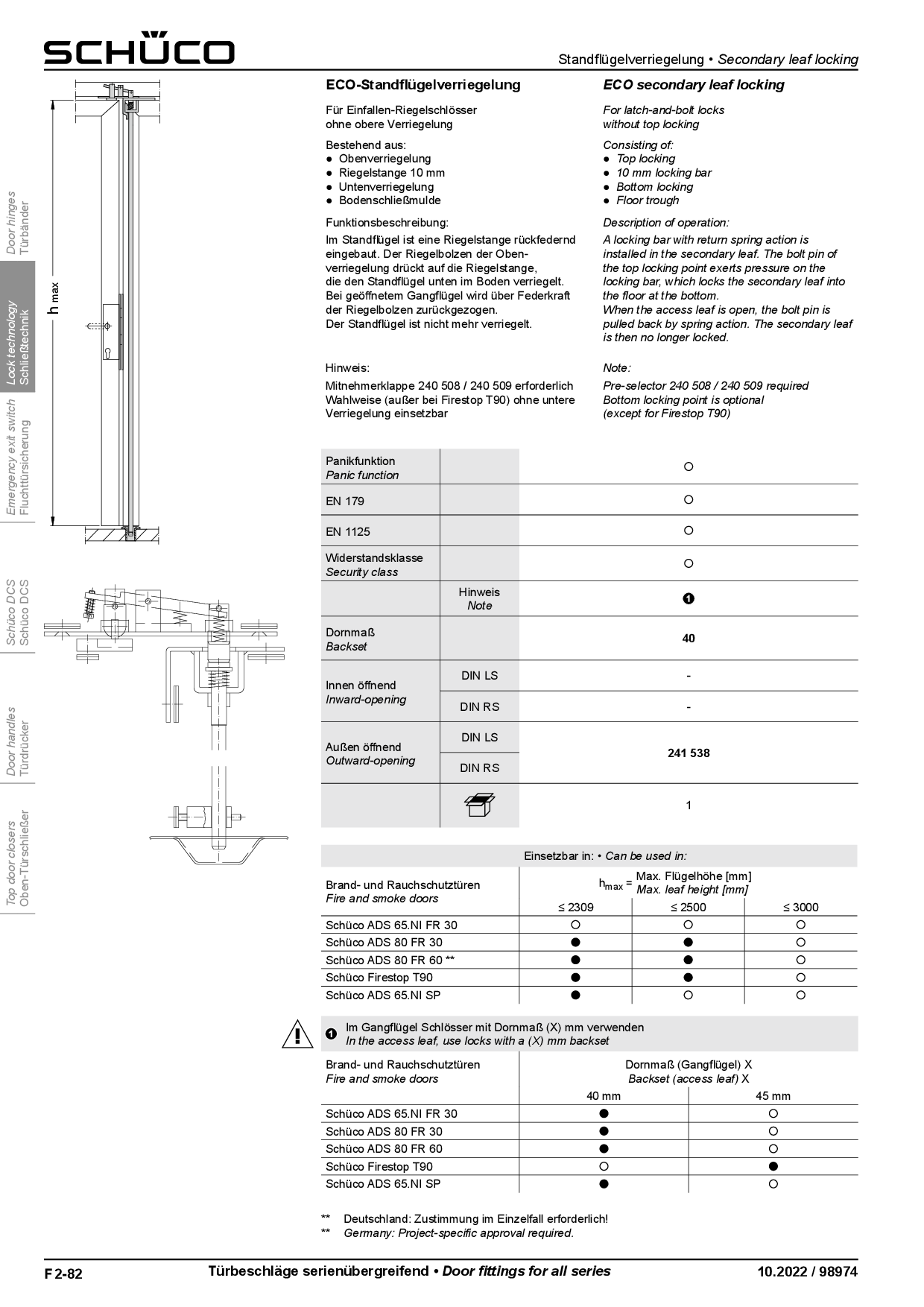 Schüco 241538 ECO-Standflügelverriegelung für 2-flg. Brandschutztüren, verdecktliegend (Vorgängerartikel 211749) Schüco 241538 ECO-Standflügelverriegelung für 2-flg. Brandschutztüren, verdecktliegend (Vorgängerartikel 211749)