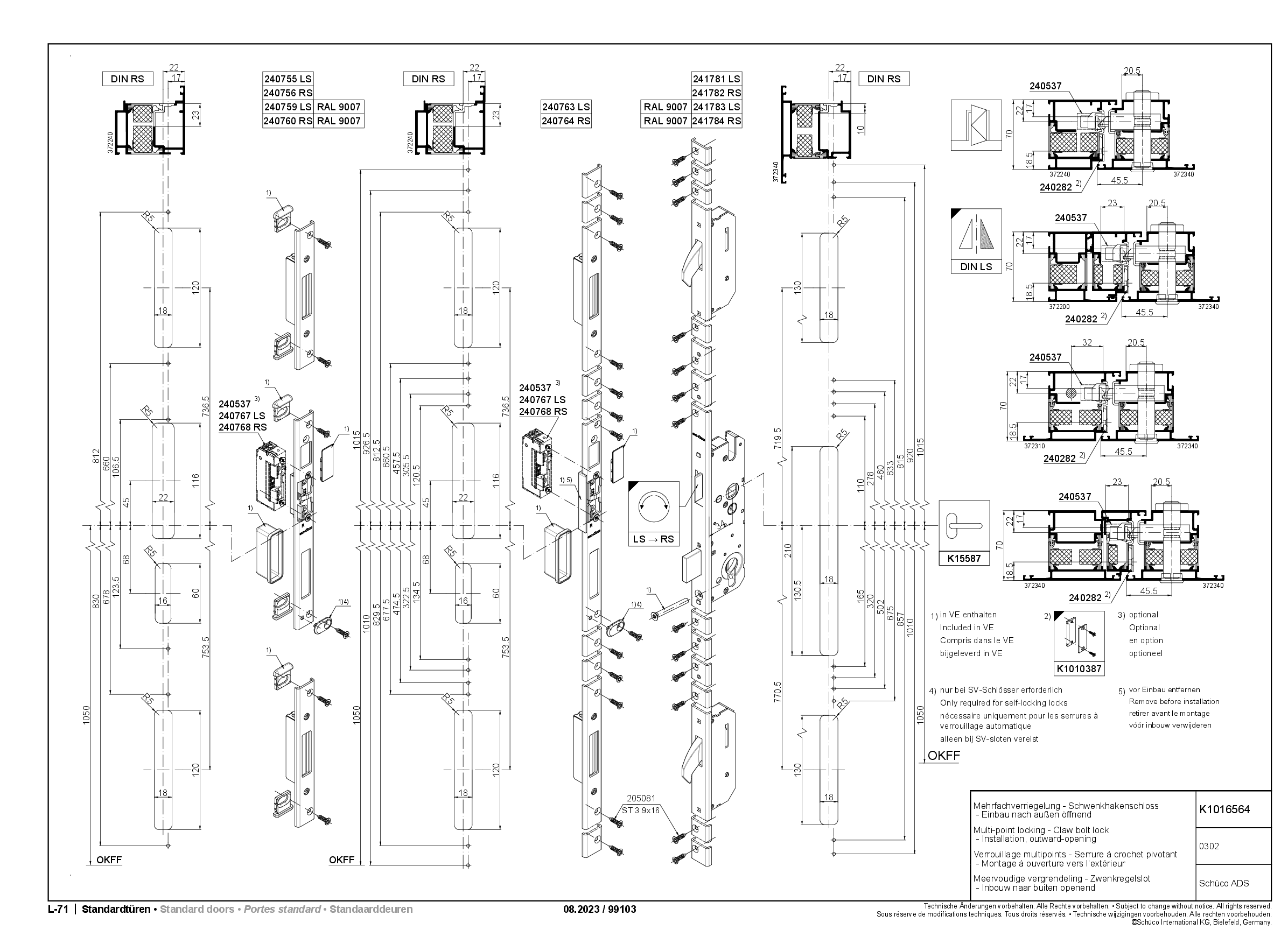 Schüco 240755 Schließplatte 3-tlg. passend zu Schwenkhaken-Schloss DIN links, außen öffnend (Vorgängerartikel 239381)