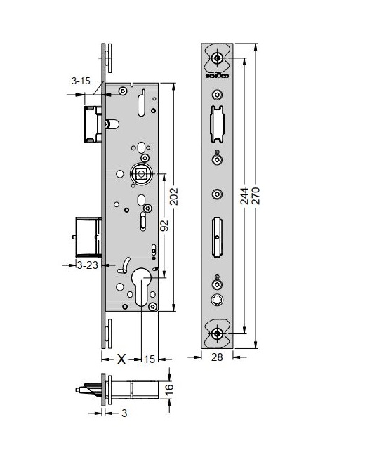241888-Masse Schüco 241888 Antipanik Fallenschloss, Funktion B