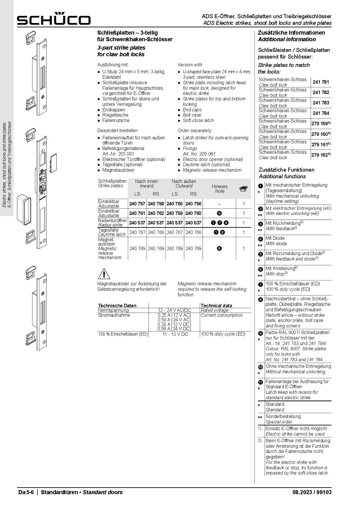 Schüco 240755 Schließplatte 3-tlg. passend zu Schwenkhaken-Schloss DIN links, außen öffnend (Vorgängerartikel 239381)